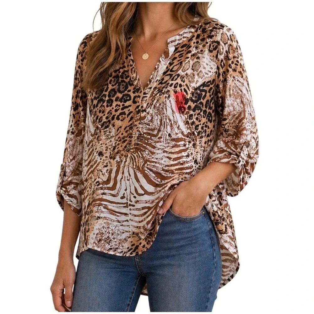 NEW J/M Sportswear Fits Medium Fall Colors‎ Animal Print Tunic Top Brown Tan